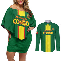 Custom Congo Brazzaville Football Couples Matching Off Shoulder Short Dress and Long Sleeve Button Shirt Go Ba Diabulu ya Mbwaki Green Color - Wonder Print Shop