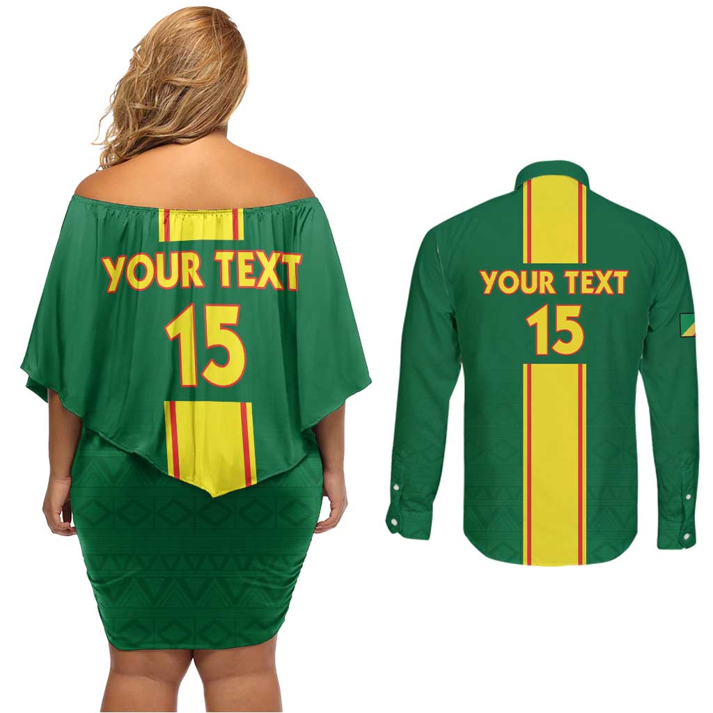 Custom Congo Brazzaville Football Couples Matching Off Shoulder Short Dress and Long Sleeve Button Shirt Go Ba Diabulu ya Mbwaki Green Color - Wonder Print Shop