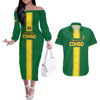 Custom Congo Brazzaville Football Couples Matching Off The Shoulder Long Sleeve Dress and Hawaiian Shirt Go Ba Diabulu ya Mbwaki Green Color - Wonder Print Shop