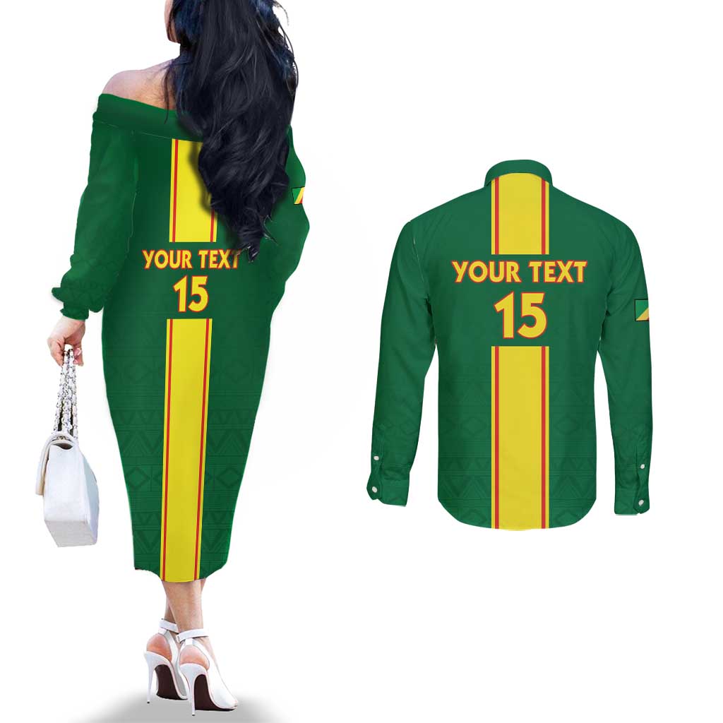 Custom Congo Brazzaville Football Couples Matching Off The Shoulder Long Sleeve Dress and Long Sleeve Button Shirt Go Ba Diabulu ya Mbwaki Green Color - Wonder Print Shop
