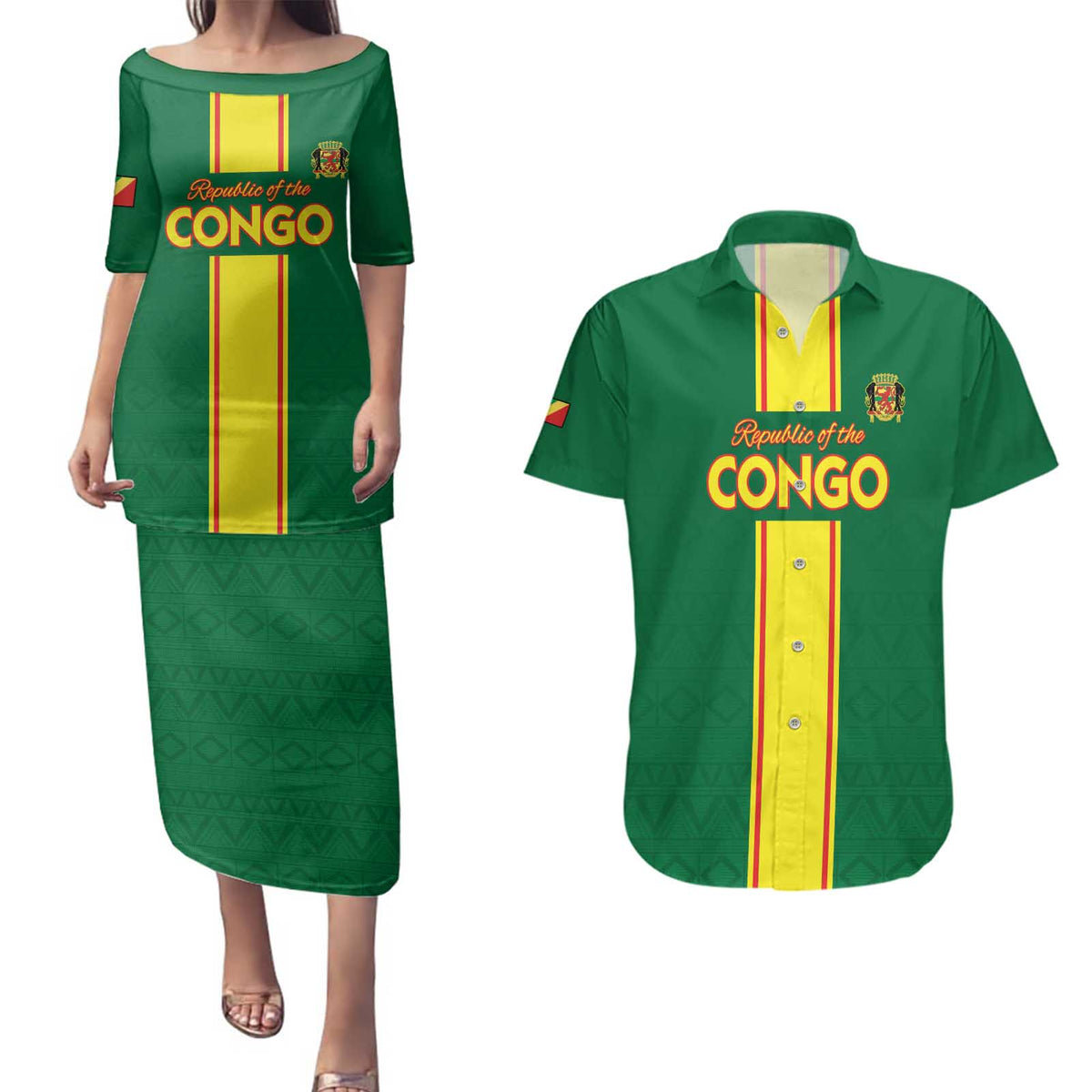 Custom Congo Brazzaville Football Couples Matching Puletasi and Hawaiian Shirt Go Ba Diabulu ya Mbwaki Green Color - Wonder Print Shop