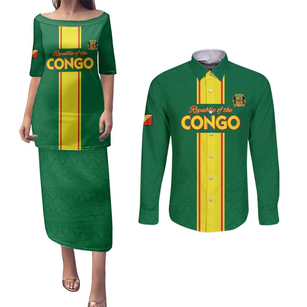 Custom Congo Brazzaville Football Couples Matching Puletasi and Long Sleeve Button Shirt Go Ba Diabulu ya Mbwaki Green Color - Wonder Print Shop