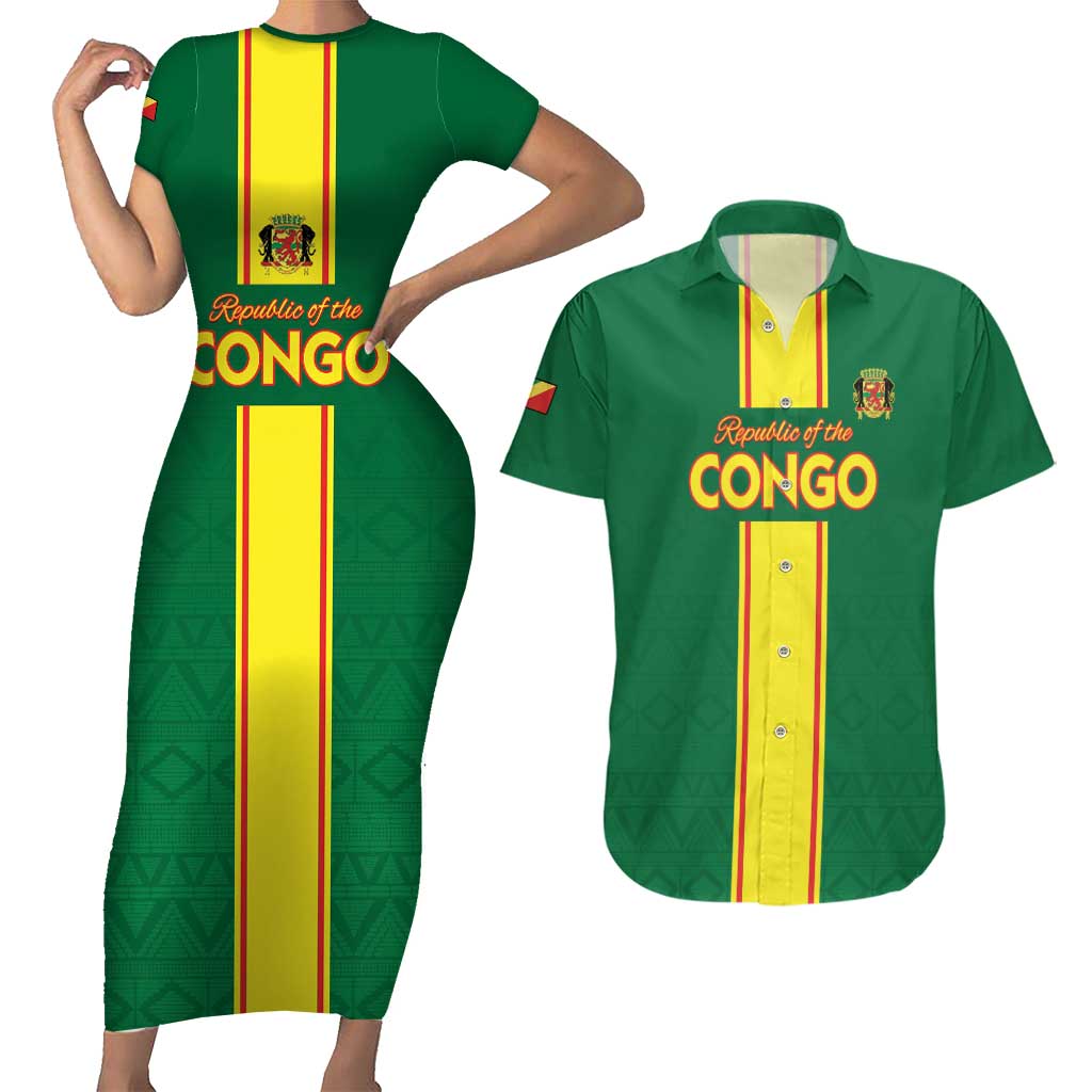 Custom Congo Brazzaville Football Couples Matching Short Sleeve Bodycon Dress and Hawaiian Shirt Go Ba Diabulu ya Mbwaki Green Color - Wonder Print Shop