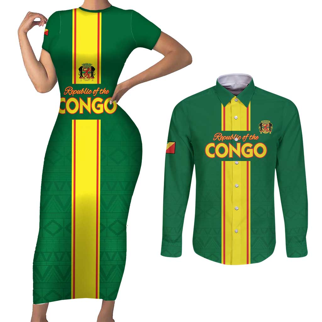 Custom Congo Brazzaville Football Couples Matching Short Sleeve Bodycon Dress and Long Sleeve Button Shirt Go Ba Diabulu ya Mbwaki Green Color - Wonder Print Shop