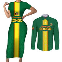 Custom Congo Brazzaville Football Couples Matching Short Sleeve Bodycon Dress and Long Sleeve Button Shirt Go Ba Diabulu ya Mbwaki Green Color - Wonder Print Shop