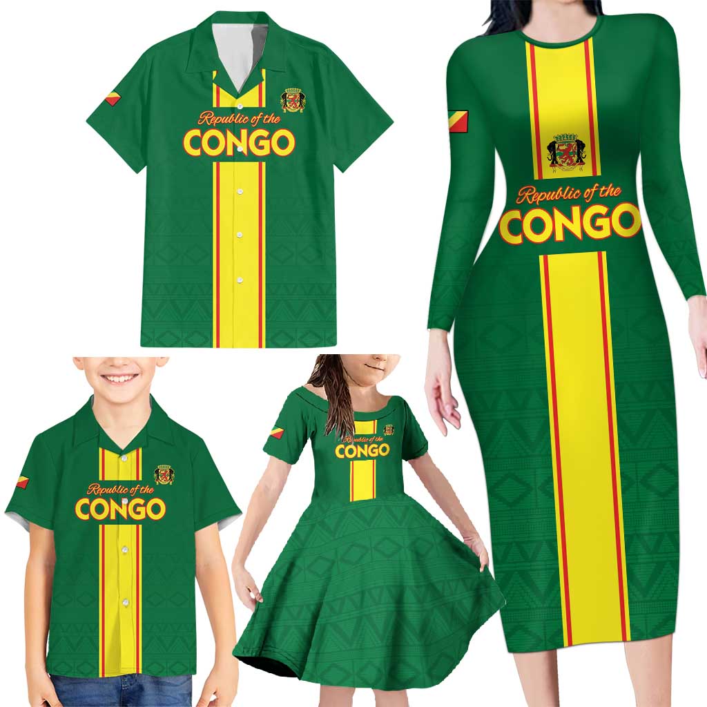 Custom Congo Brazzaville Football Family Matching Long Sleeve Bodycon Dress and Hawaiian Shirt Go Ba Diabulu ya Mbwaki Green Color - Wonder Print Shop