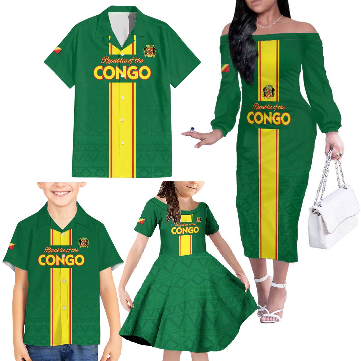 Custom Congo Brazzaville Football Family Matching Off The Shoulder Long Sleeve Dress and Hawaiian Shirt Go Ba Diabulu ya Mbwaki Green Color - Wonder Print Shop