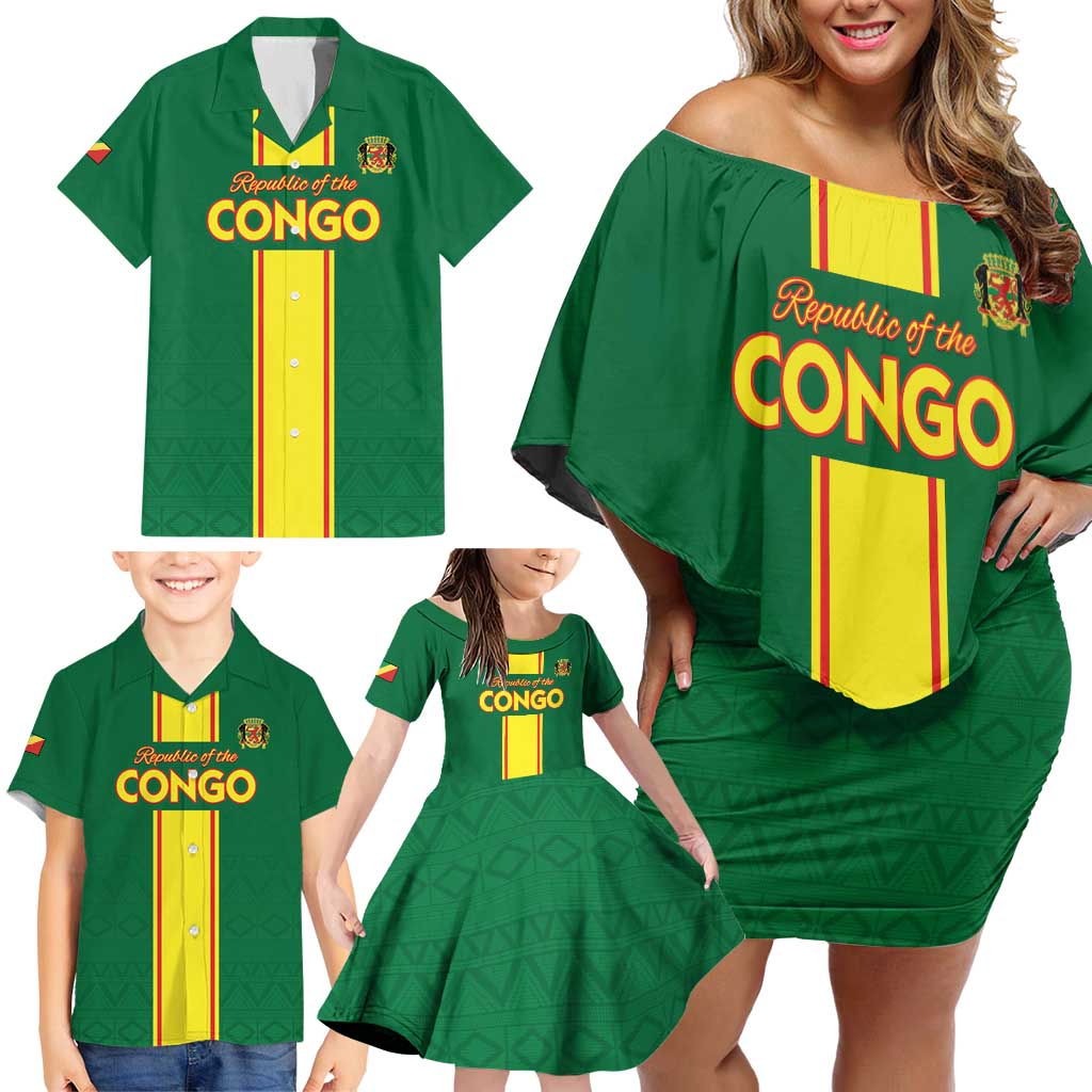 Custom Congo Brazzaville Football Family Matching Off Shoulder Short Dress and Hawaiian Shirt Go Ba Diabulu ya Mbwaki Green Color - Wonder Print Shop