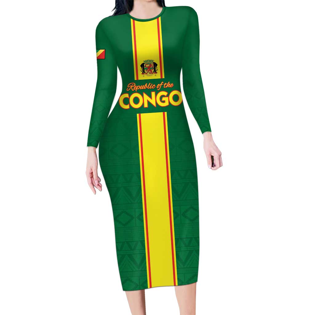 Custom Congo Brazzaville Football Long Sleeve Bodycon Dress Go Ba Diabulu ya Mbwaki Green Color - Wonder Print Shop