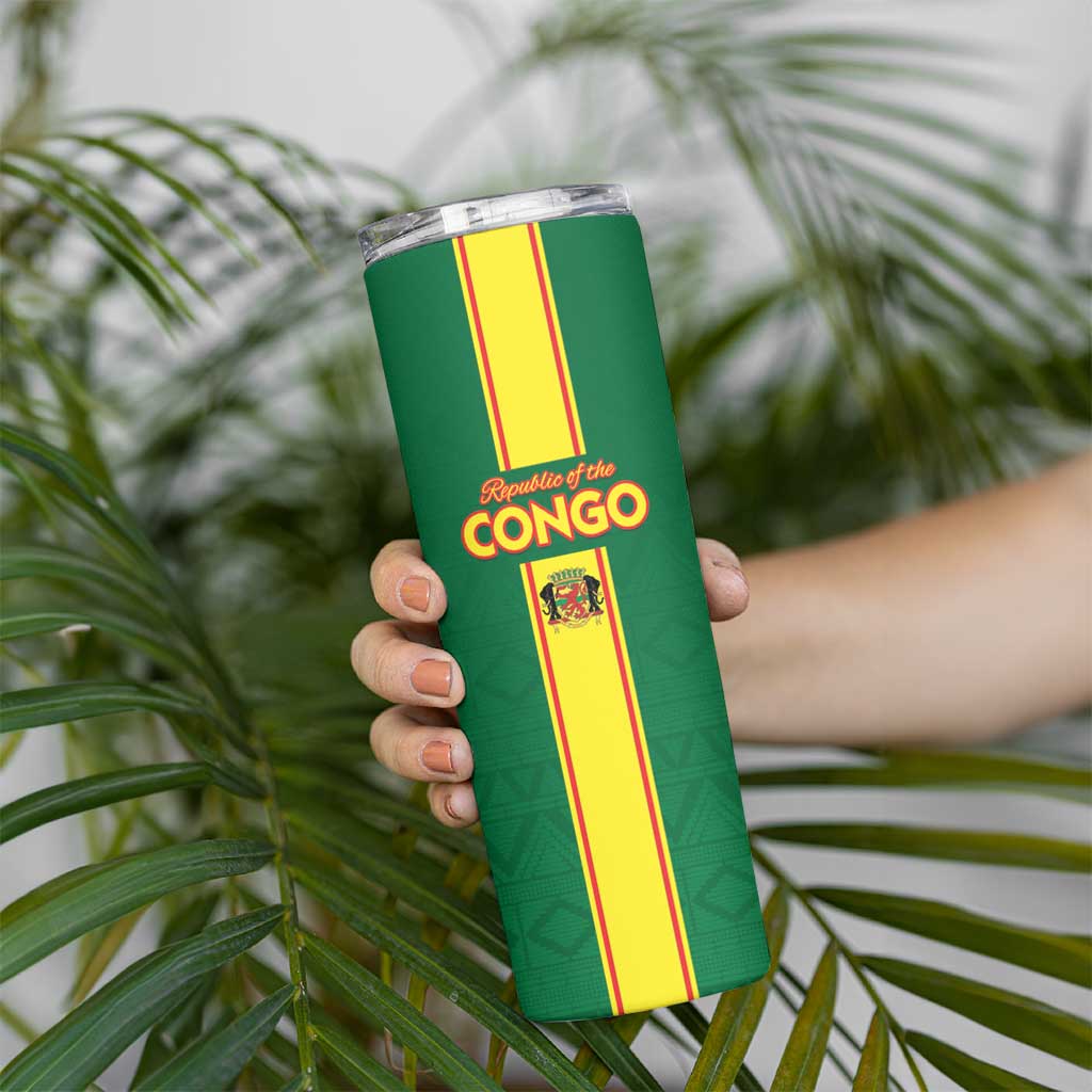 Custom Congo Brazzaville Football Skinny Tumbler Go Ba Diabulu ya Mbwaki Green Color - Wonder Print Shop