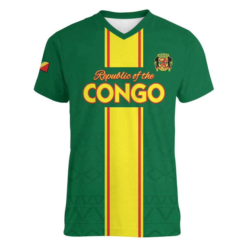 Custom Congo Brazzaville Football Women V-Neck T-Shirt Go Ba Diabulu ya Mbwaki Green Color - Wonder Print Shop
