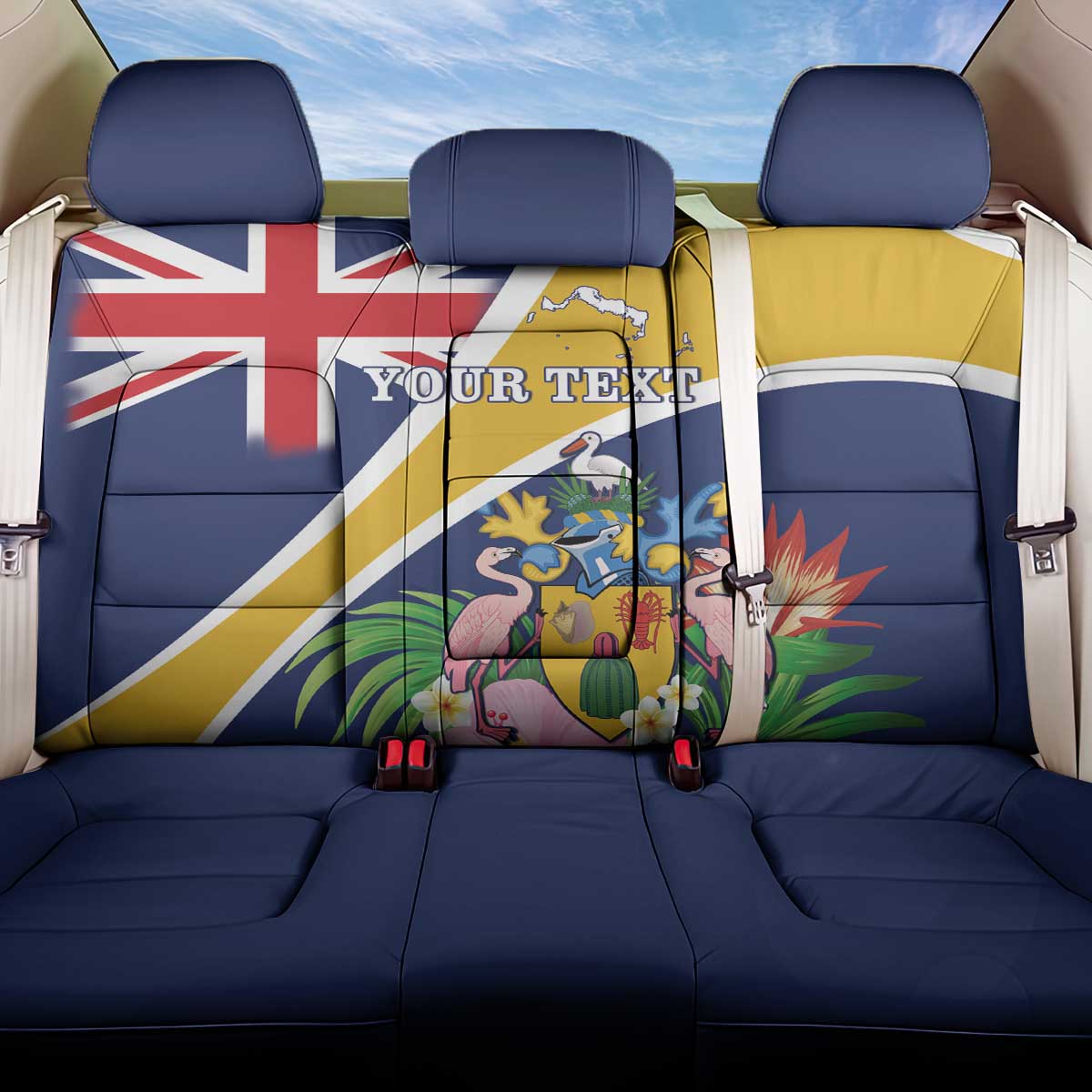 Personalised Turks And Caicos Islands Back Car Seat Cover Coat Of Arms Tropical Flower - Wonder Print Shop