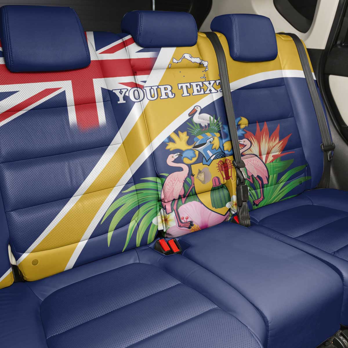 Personalised Turks And Caicos Islands Back Car Seat Cover Coat Of Arms Tropical Flower - Wonder Print Shop