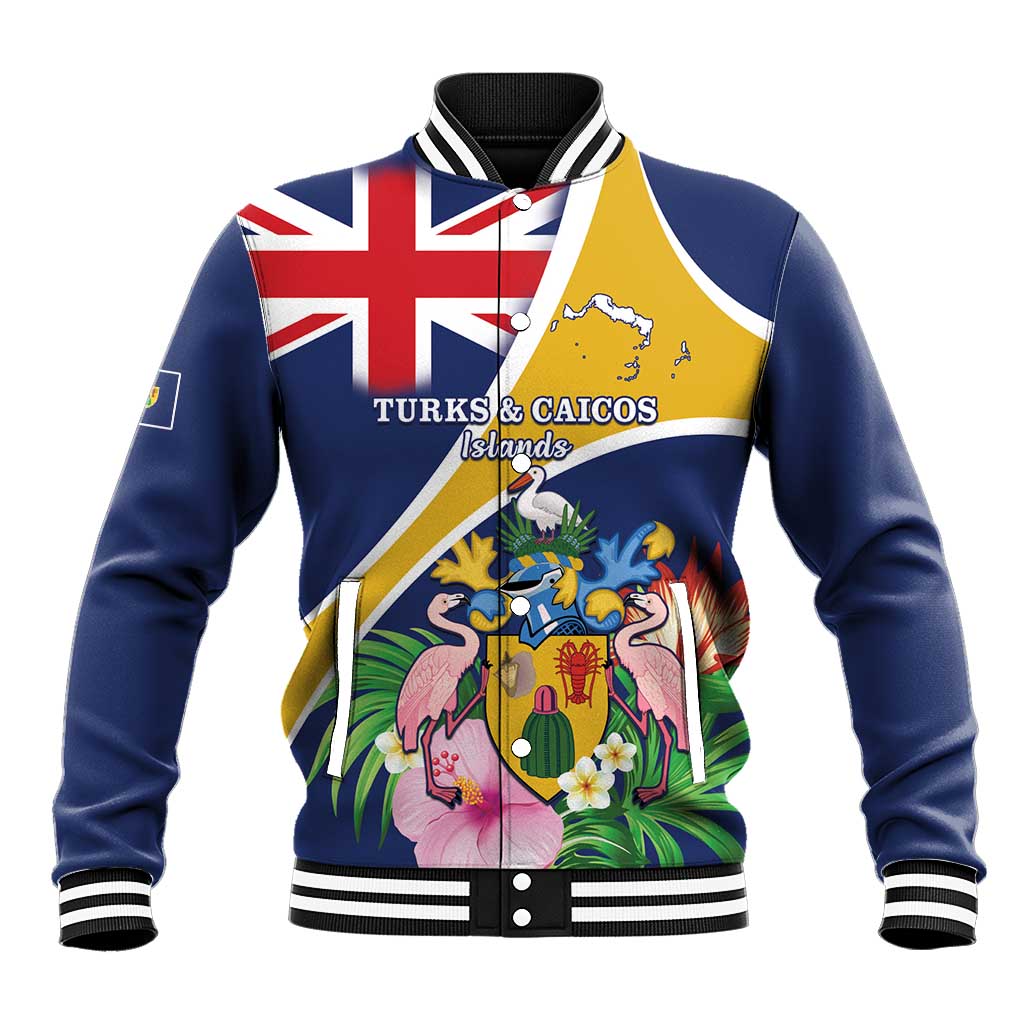Personalised Turks And Caicos Islands Baseball Jacket Coat Of Arms Tropical Flower - Wonder Print Shop