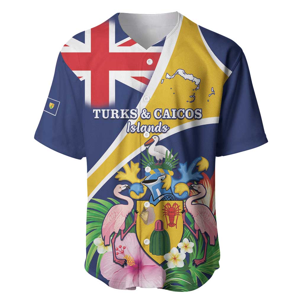 Personalised Turks And Caicos Islands Baseball Jersey Coat Of Arms Tropical Flower - Wonder Print Shop