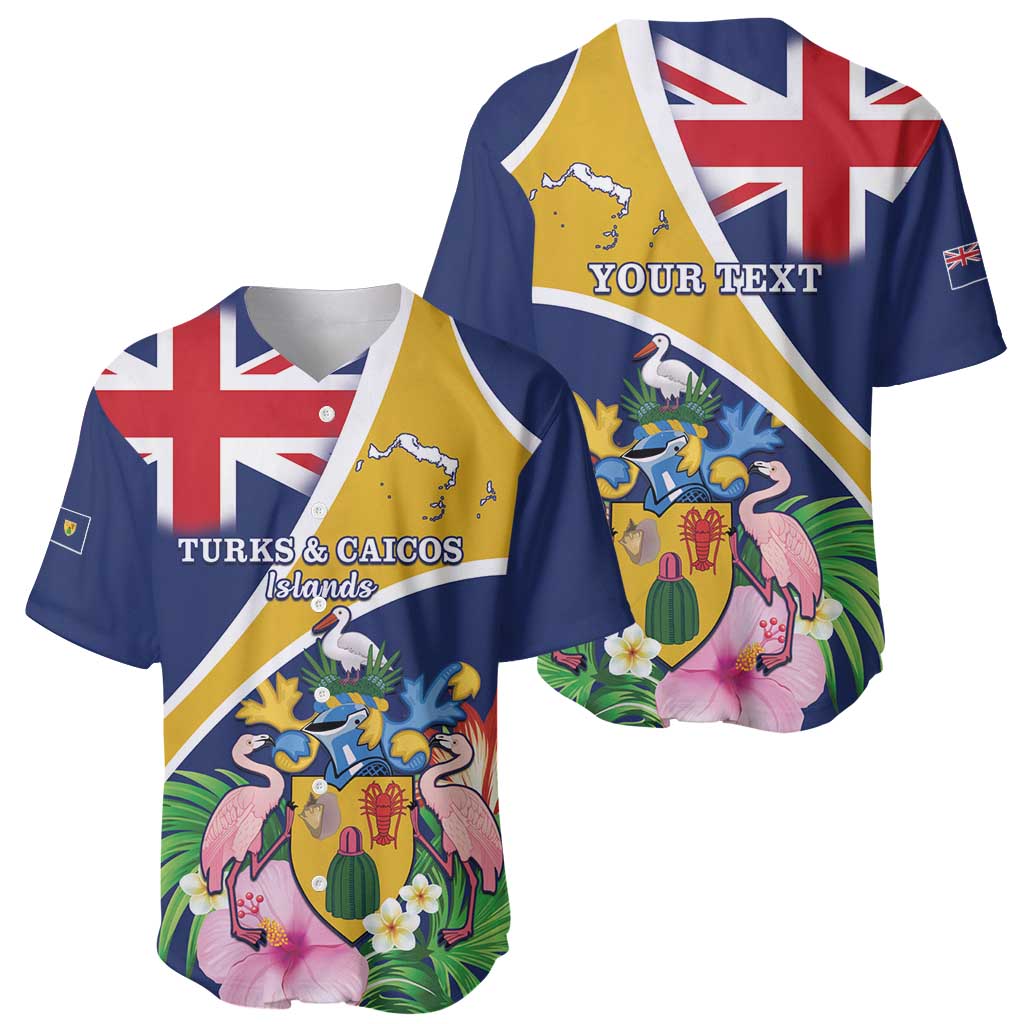 Personalised Turks And Caicos Islands Baseball Jersey Coat Of Arms Tropical Flower - Wonder Print Shop