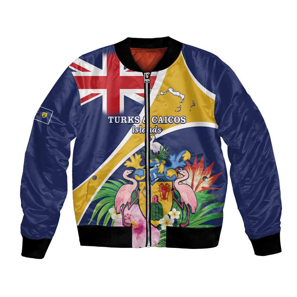 Personalised Turks And Caicos Islands Bomber Jacket Coat Of Arms Tropical Flower - Wonder Print Shop