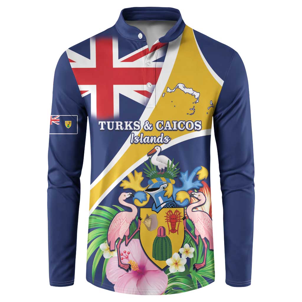 Personalised Turks And Caicos Islands Button Sweatshirt Coat Of Arms Tropical Flower - Wonder Print Shop