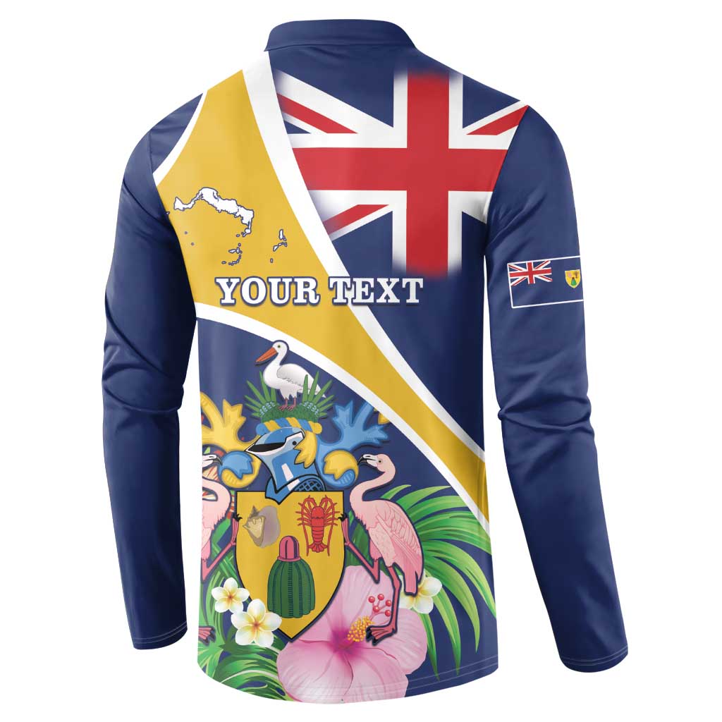 Personalised Turks And Caicos Islands Button Sweatshirt Coat Of Arms Tropical Flower - Wonder Print Shop