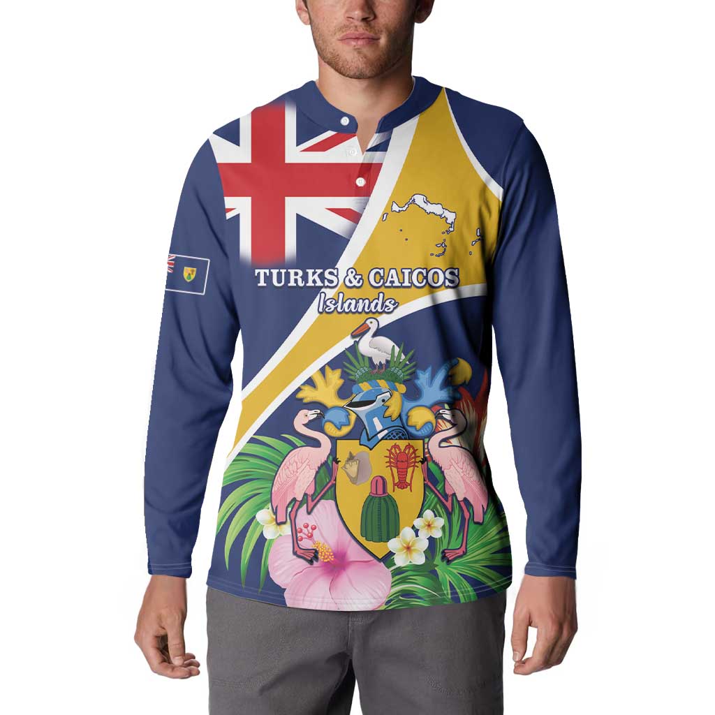 Personalised Turks And Caicos Islands Button Sweatshirt Coat Of Arms Tropical Flower - Wonder Print Shop