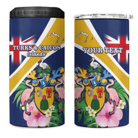 Personalised Turks And Caicos Islands 4 in 1 Can Cooler Tumbler Coat Of Arms Tropical Flower - Wonder Print Shop