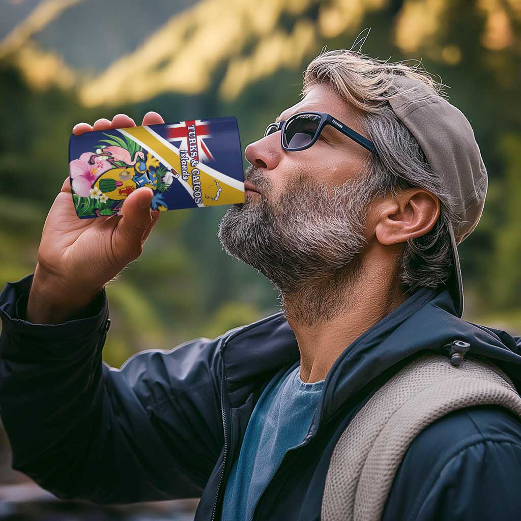 Personalised Turks And Caicos Islands 4 in 1 Can Cooler Tumbler Coat Of Arms Tropical Flower - Wonder Print Shop
