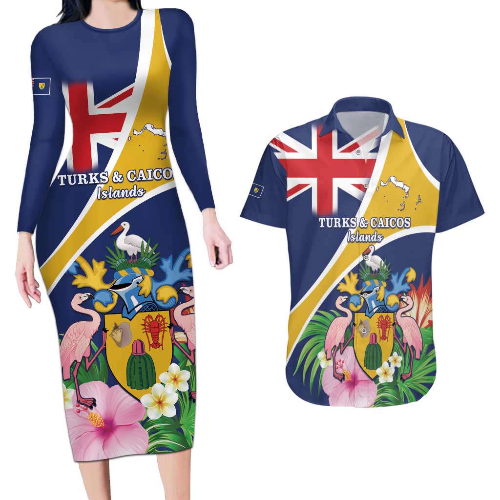 Personalised Turks And Caicos Islands Couples Matching Long Sleeve Bodycon Dress and Hawaiian Shirt Coat Of Arms Tropical Flower - Wonder Print Shop