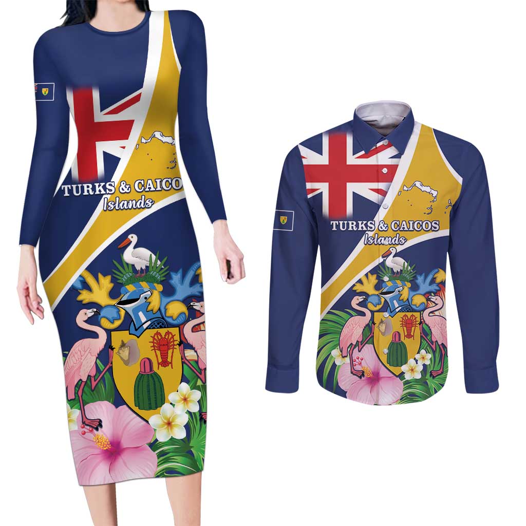 Personalised Turks And Caicos Islands Couples Matching Long Sleeve Bodycon Dress and Long Sleeve Button Shirt Coat Of Arms Tropical Flower - Wonder Print Shop