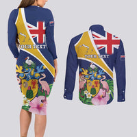 Personalised Turks And Caicos Islands Couples Matching Long Sleeve Bodycon Dress and Long Sleeve Button Shirt Coat Of Arms Tropical Flower - Wonder Print Shop