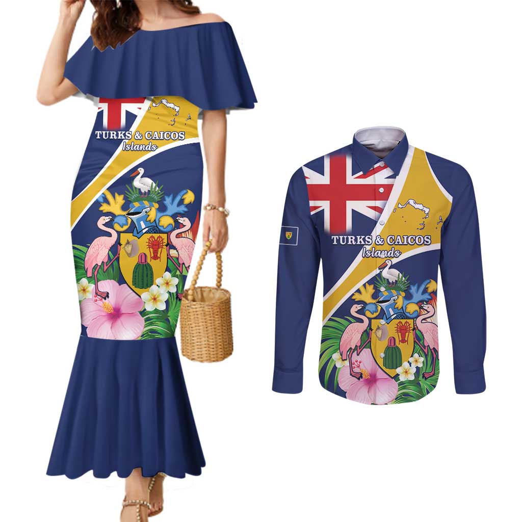 Personalised Turks And Caicos Islands Couples Matching Mermaid Dress and Long Sleeve Button Shirt Coat Of Arms Tropical Flower
