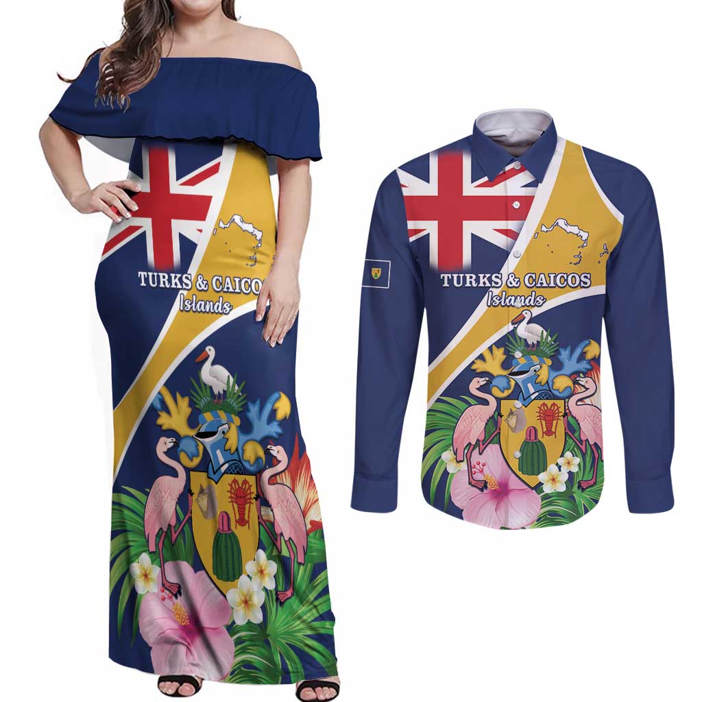 Personalised Turks And Caicos Islands Couples Matching Off Shoulder Maxi Dress and Long Sleeve Button Shirt Coat Of Arms Tropical Flower - Wonder Print Shop