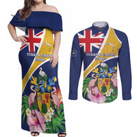 Personalised Turks And Caicos Islands Couples Matching Off Shoulder Maxi Dress and Long Sleeve Button Shirt Coat Of Arms Tropical Flower - Wonder Print Shop