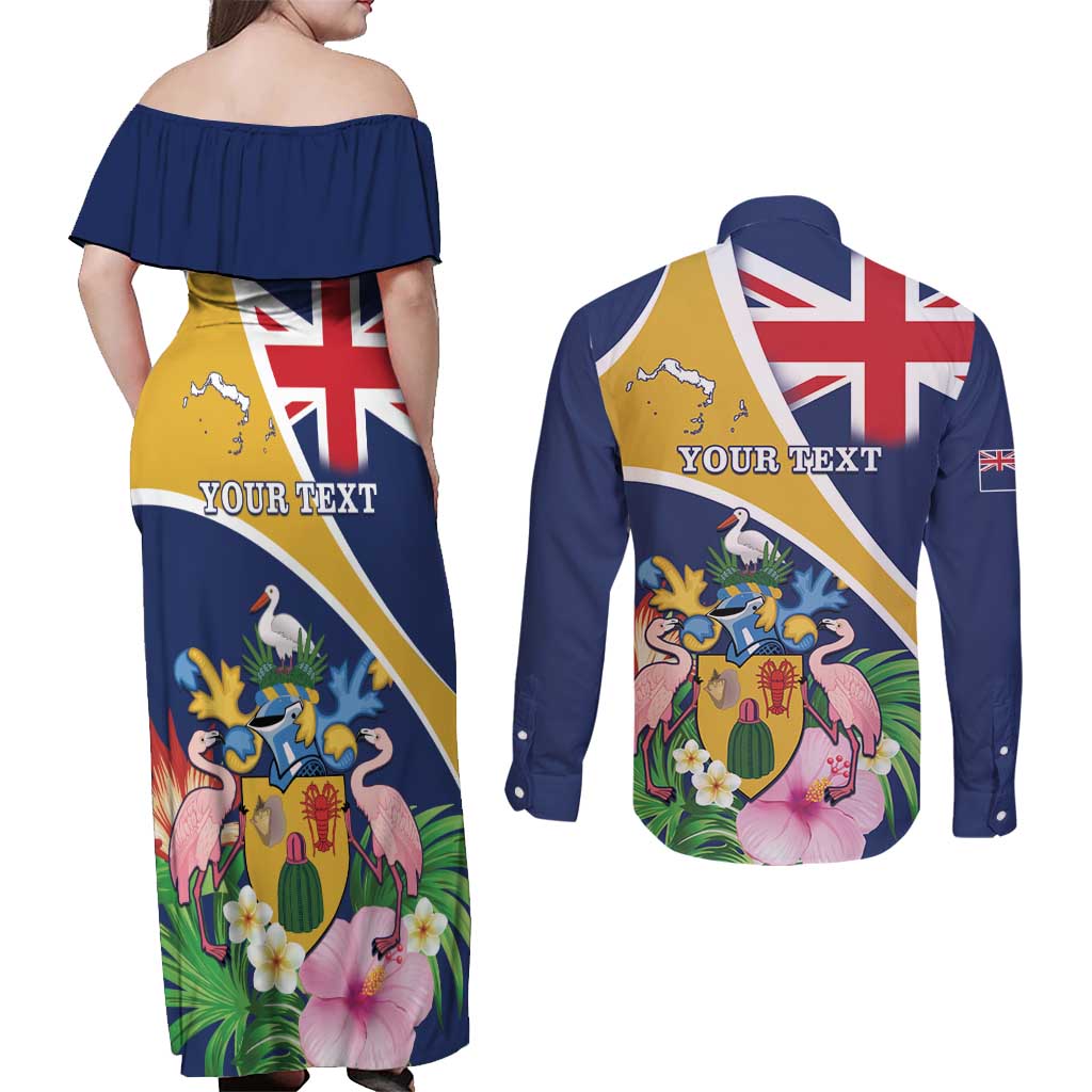 Personalised Turks And Caicos Islands Couples Matching Off Shoulder Maxi Dress and Long Sleeve Button Shirt Coat Of Arms Tropical Flower - Wonder Print Shop