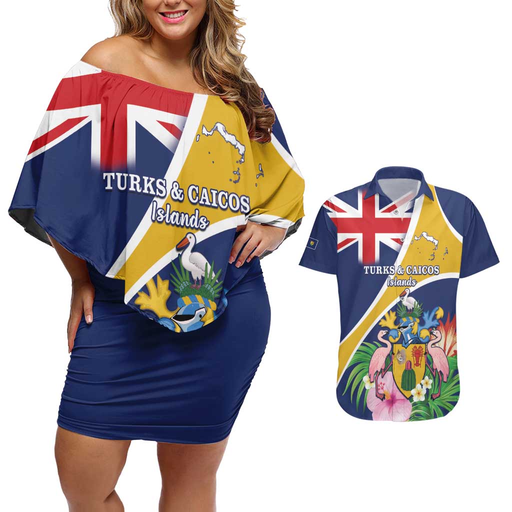 Personalised Turks And Caicos Islands Couples Matching Off Shoulder Short Dress and Hawaiian Shirt Coat Of Arms Tropical Flower - Wonder Print Shop