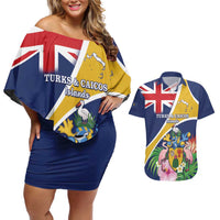 Personalised Turks And Caicos Islands Couples Matching Off Shoulder Short Dress and Hawaiian Shirt Coat Of Arms Tropical Flower - Wonder Print Shop