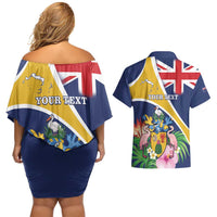 Personalised Turks And Caicos Islands Couples Matching Off Shoulder Short Dress and Hawaiian Shirt Coat Of Arms Tropical Flower - Wonder Print Shop