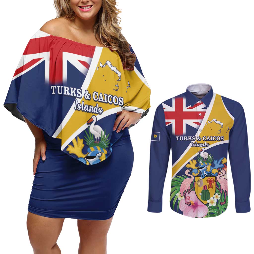 Personalised Turks And Caicos Islands Couples Matching Off Shoulder Short Dress and Long Sleeve Button Shirt Coat Of Arms Tropical Flower - Wonder Print Shop