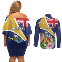 Personalised Turks And Caicos Islands Couples Matching Off Shoulder Short Dress and Long Sleeve Button Shirt Coat Of Arms Tropical Flower - Wonder Print Shop
