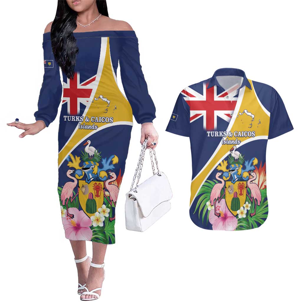 Personalised Turks And Caicos Islands Couples Matching Off The Shoulder Long Sleeve Dress and Hawaiian Shirt Coat Of Arms Tropical Flower - Wonder Print Shop