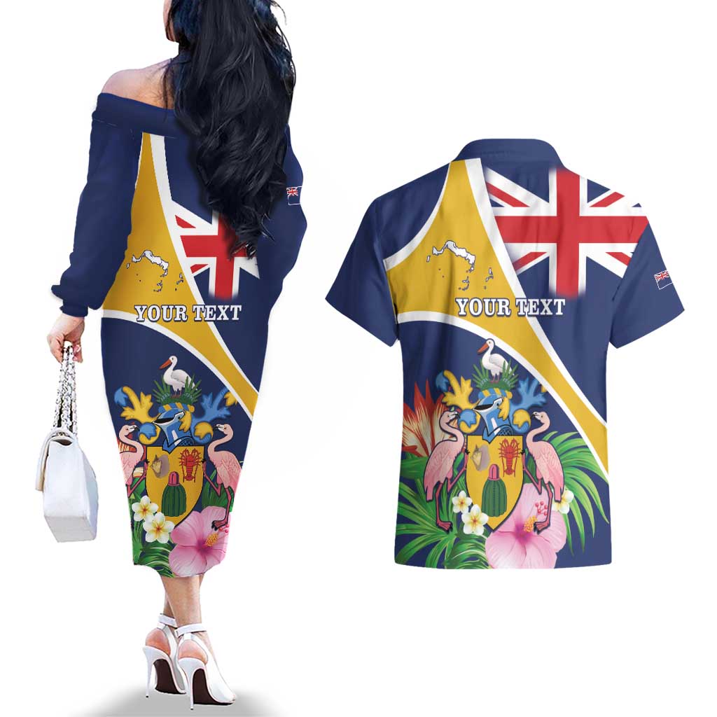 Personalised Turks And Caicos Islands Couples Matching Off The Shoulder Long Sleeve Dress and Hawaiian Shirt Coat Of Arms Tropical Flower - Wonder Print Shop
