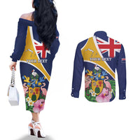 Personalised Turks And Caicos Islands Couples Matching Off The Shoulder Long Sleeve Dress and Long Sleeve Button Shirt Coat Of Arms Tropical Flower