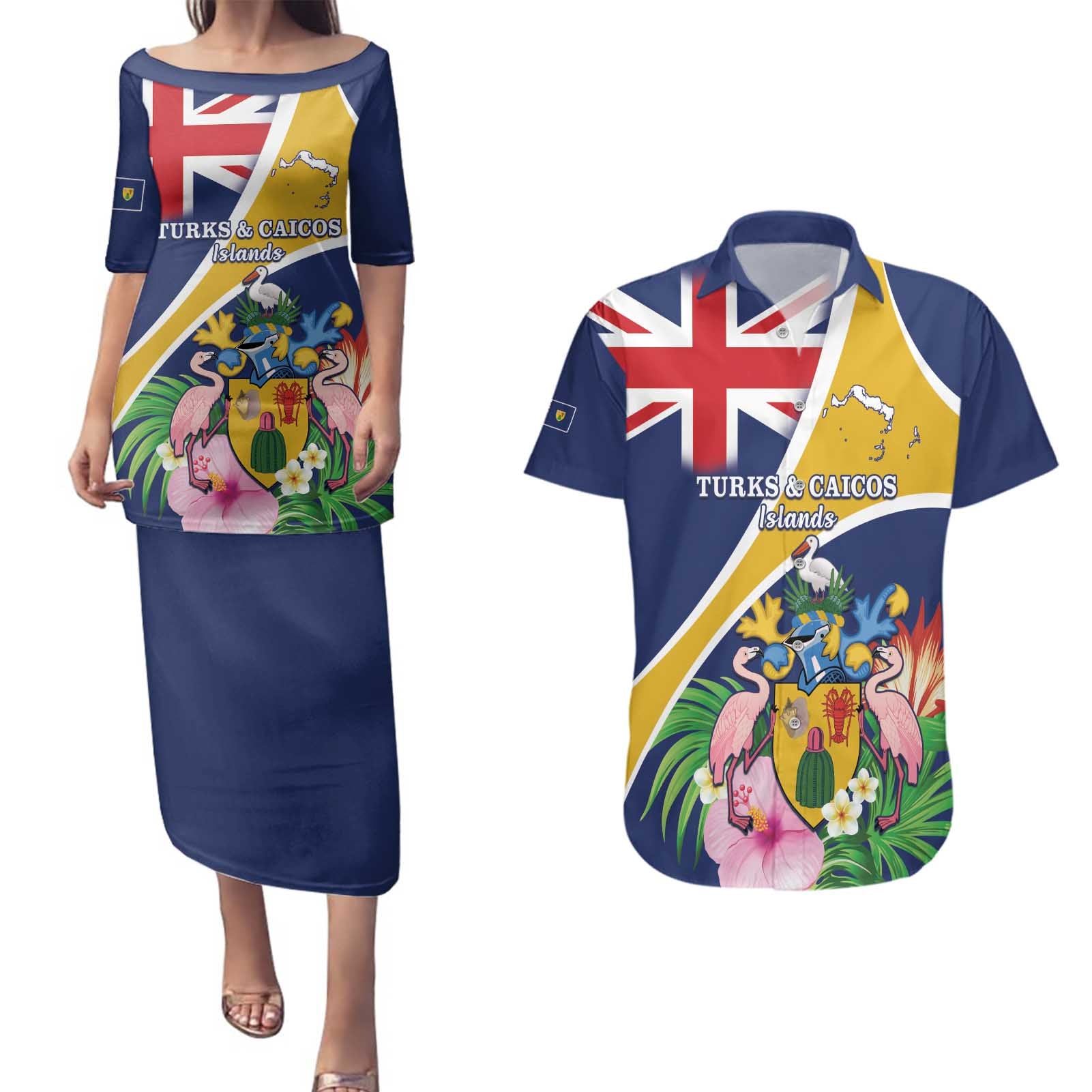 Personalised Turks And Caicos Islands Couples Matching Puletasi and Hawaiian Shirt Coat Of Arms Tropical Flower - Wonder Print Shop