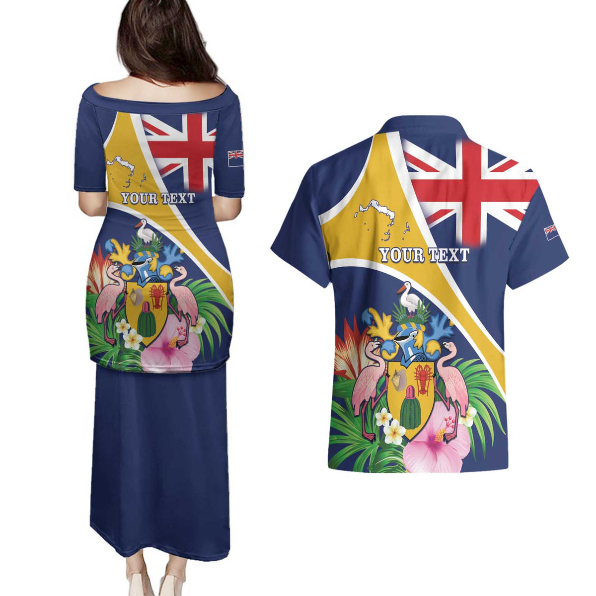 Personalised Turks And Caicos Islands Couples Matching Puletasi and Hawaiian Shirt Coat Of Arms Tropical Flower - Wonder Print Shop