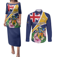 Personalised Turks And Caicos Islands Couples Matching Puletasi and Long Sleeve Button Shirt Coat Of Arms Tropical Flower - Wonder Print Shop