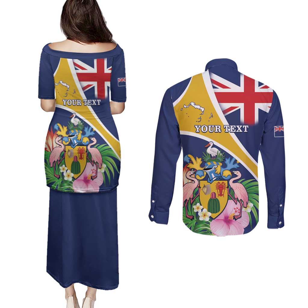 Personalised Turks And Caicos Islands Couples Matching Puletasi and Long Sleeve Button Shirt Coat Of Arms Tropical Flower - Wonder Print Shop