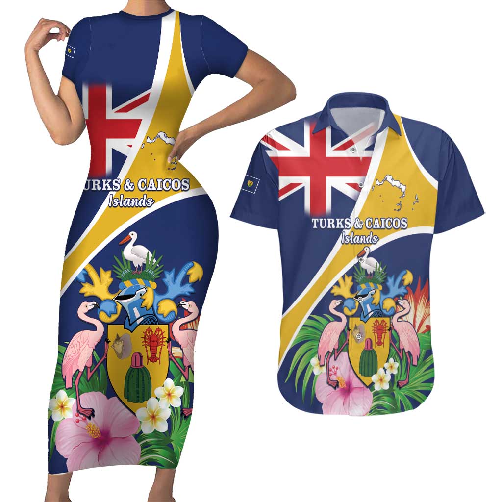 Personalised Turks And Caicos Islands Couples Matching Short Sleeve Bodycon Dress and Hawaiian Shirt Coat Of Arms Tropical Flower - Wonder Print Shop