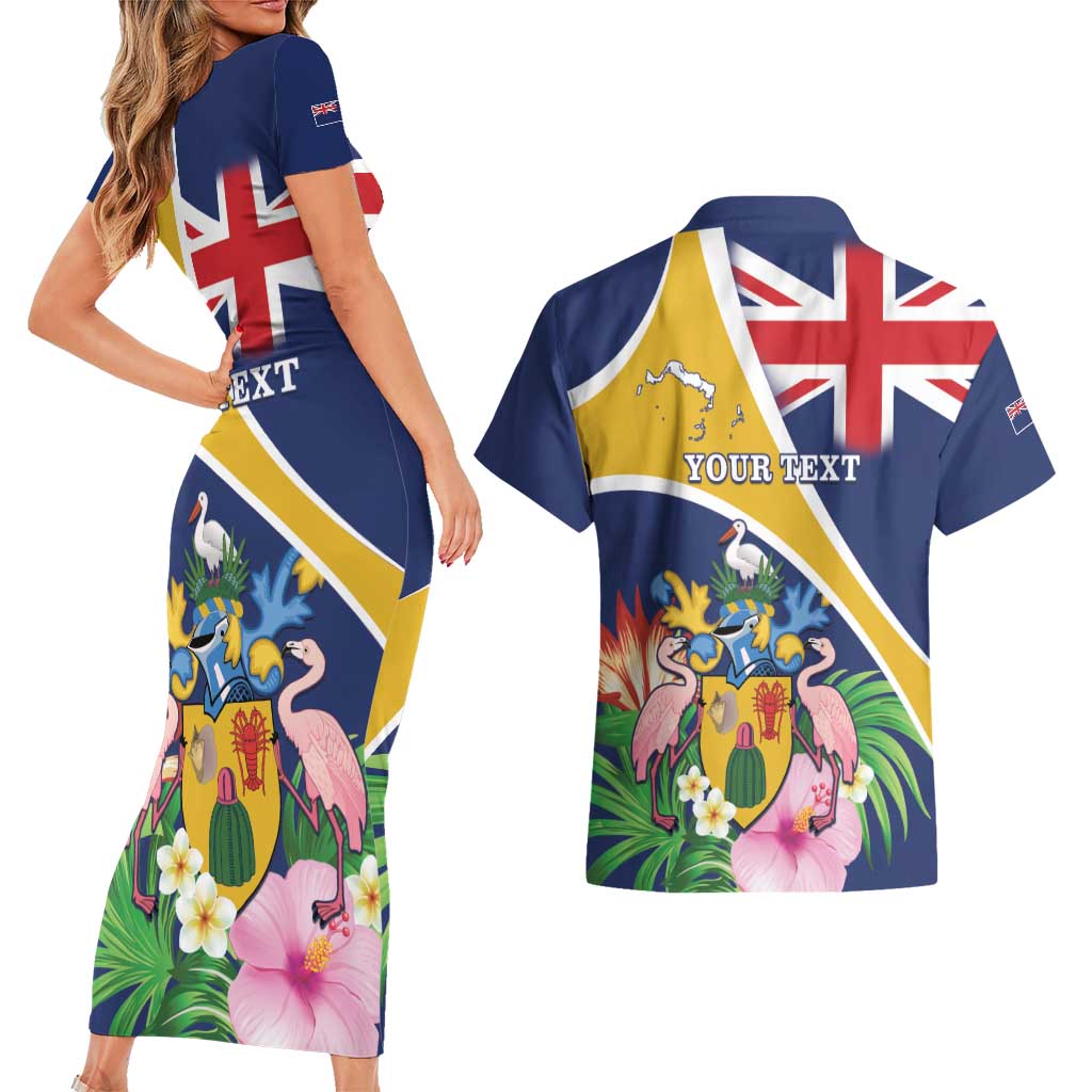 Personalised Turks And Caicos Islands Couples Matching Short Sleeve Bodycon Dress and Hawaiian Shirt Coat Of Arms Tropical Flower - Wonder Print Shop