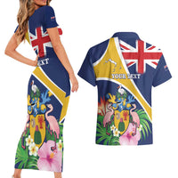 Personalised Turks And Caicos Islands Couples Matching Short Sleeve Bodycon Dress and Hawaiian Shirt Coat Of Arms Tropical Flower - Wonder Print Shop