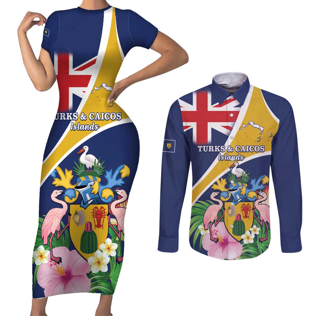 Personalised Turks And Caicos Islands Couples Matching Short Sleeve Bodycon Dress and Long Sleeve Button Shirt Coat Of Arms Tropical Flower - Wonder Print Shop