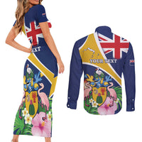 Personalised Turks And Caicos Islands Couples Matching Short Sleeve Bodycon Dress and Long Sleeve Button Shirt Coat Of Arms Tropical Flower - Wonder Print Shop